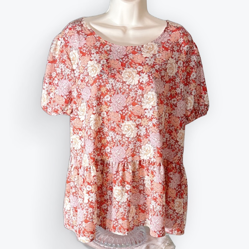 Ruffled Coquette Soft Girl Floral Babydoll Puffed Sleeves Tiered Peplum W5 Top~L